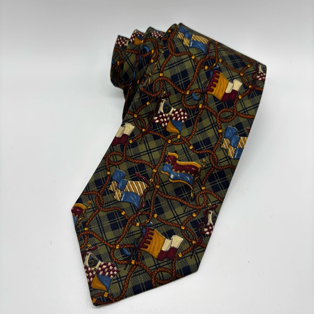 CELINE Paris Men’s Silk Tie Green Flags Sailing Nautical 3.5 x 60 Made in Spain
